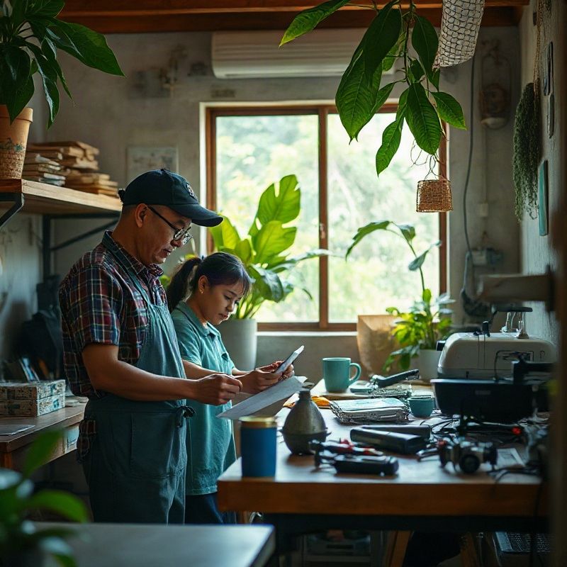 Familie bei der Arbeit in einer kleinen Werkstatt für Haushaltsgeräte